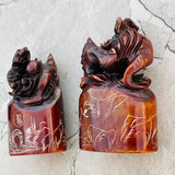 Vintage Asian Chinese Carved Stone Dragon Stamp Set of 2 Seals In Box