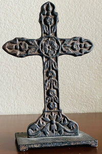 Vintage Ornate Floral High Relief Cast Iron Mounted Religious Cross Statue Decor