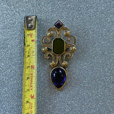 Vintage Ornate Gold Tone Purple Green Multi Stone Statement Fashion Brooch Pin