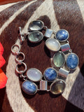 62g Vintage Sterling Silver 925 Blue Fluorite Multi Gem Stone Hinged Bracelet
