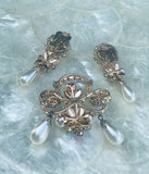 Vintage Austria Aurora Borealis Rhinestone + Pearl Brooch Pin + Earrings Set