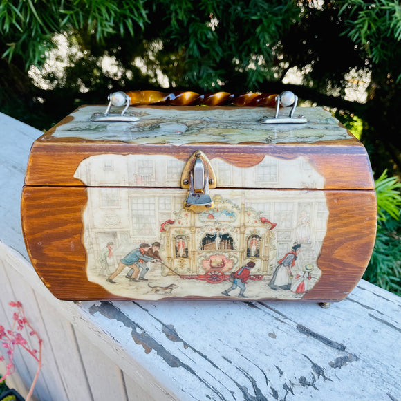 Anton Pieck Wood Decoupage Horse & Carriage Lucite Handle Lined Box Trunk Purse