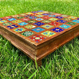 Antique Vintage Arts & Crafts Artisan Handmade Ceramic Art Tile Short Wood Table