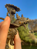 Antique Asian Foo Dog Dragon Brass Metal Figurine Decorative Candlestick Holder