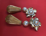 Vintage Designer Givenchy Gold Tone Faux Pearl Rhinestone Drop Clip on Earrings