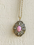 Gold Tone Designer Signed Avon Pink Stone Seed Pearl Ornate Fashion Necklace