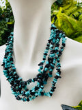 Vintage Artisan Faux Black Onyx Turquoise Stone Chip Beaded Silver Tone Necklace