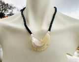 Vintage Hand Carved Mother of Pearl Eagle Bird Black Beaded Necklace