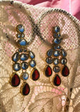 Gold Tone Red+White Rhinestone Fashion Statement Necklace Earrings Headpiece Set