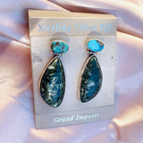 Sterling Silver 925 Turquoise Green Gem Stone Dangle Drop Hinged Earrings 10.5g