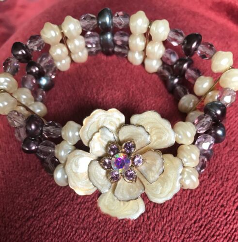 Vintage Nolan Miller Gold Tone Colorful Enamel Flower Rhinestone Beaded Bracelet