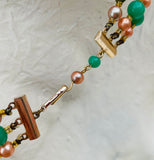 Artisan 3 Strand Green Art Glass Bead Faux Pearl Rose Gold Tone Fashion Necklace