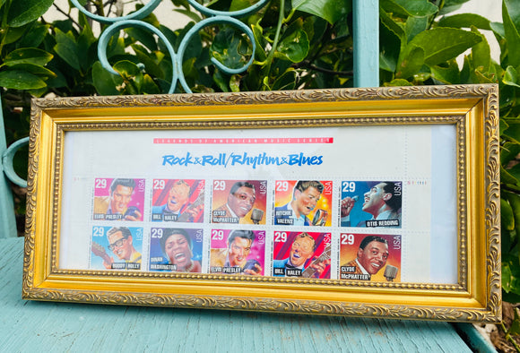 Famous 1993 Music Rock & Roll Rhythm Blues Stamps Vintage Gold Frame 11.5 x 5.5