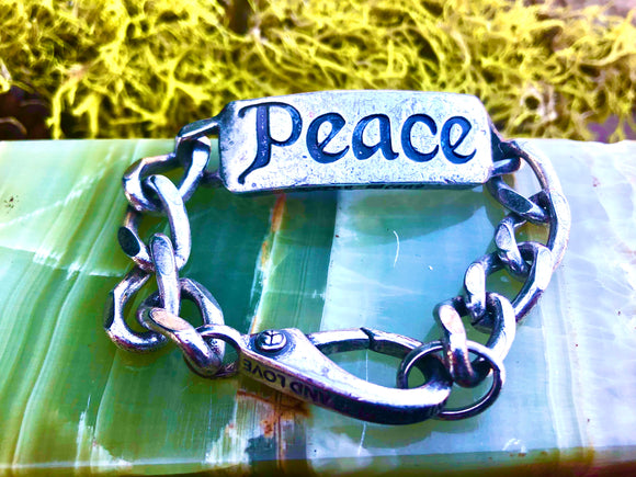 Lucky Brand Peace ID Thick Chunky Heavy Silver Tone Chain Link Bracelet