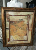 Vintage World Map Gold Tone Matted Framed Mixed Media Art
