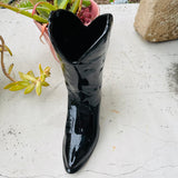 Lrg Vintage Ceramic Porcelain Glossy Black Southwestern Cowboy Boot Vase Planter