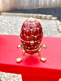 Red Crystal Enameled Faberge Egg Replica Trinket Jewelry Box W Gold Stand