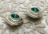 Swarovski Signed Green + White Crystal Gold Tone Swirl Clip On Earrings