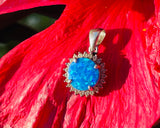 Sterling Silver 925 Blue Fire Opal Stone Cubic Zirconia Circle Sun Pendant 1.3g