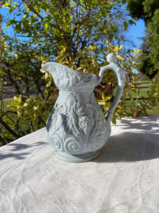 Antique 1800's Light Blue High Relief Beverage Vase Pitcher w Handle Anchor