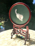 Rare Vintage Cat Embroidered Silk Art Under Glass Chinese Cherry Wood Stand