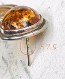 Vintage Sterling Silver 925 Amber Oval Double Drop Hanging Pierced Earrings