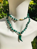 Artisan Malachite Faux Pearl Green Gem Stone Carved Horn Beaded Long Necklace