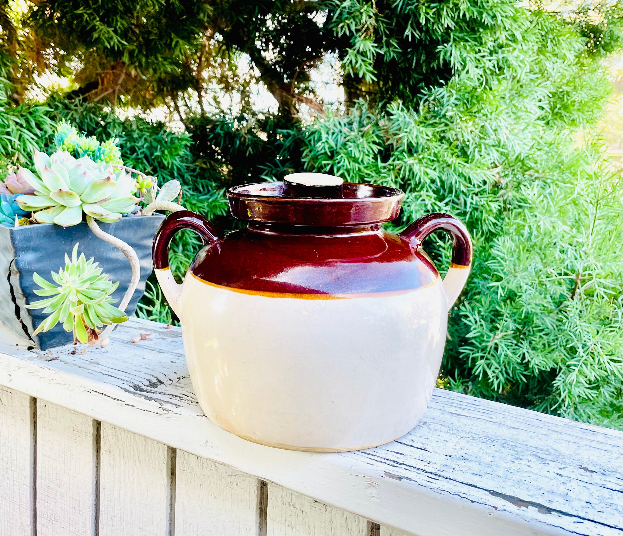 Vintage Bean Pot  Stoneware Ceramic Bean Pot With Lid and Handles