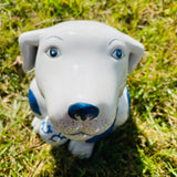 Vintage Large Blue & White Spotted Dog Animal Holding Toy Ceramic Art Figurine