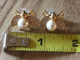 Vintage Joan Rivers Gold Tone Faux Pearl Rhinestone Bumble Bee Pierced Earrings