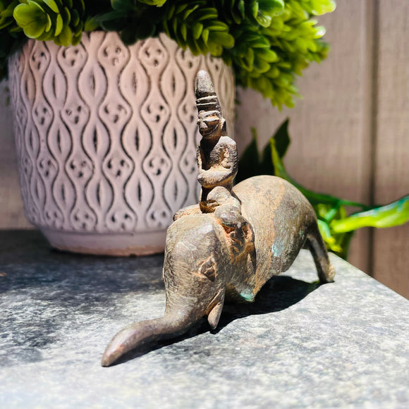 Bronze Metal Antique Art Man Devotee Elephant Figurine Spiritual Deity Relic