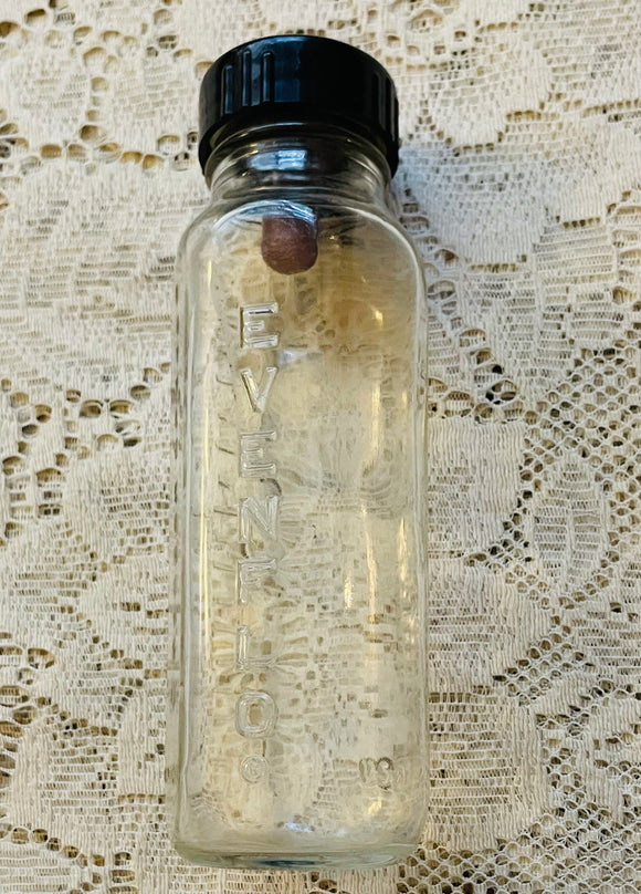 Vintage Evenflo Embossed Glass Baby Bottle With Nipple Lid Screw Top 7.5