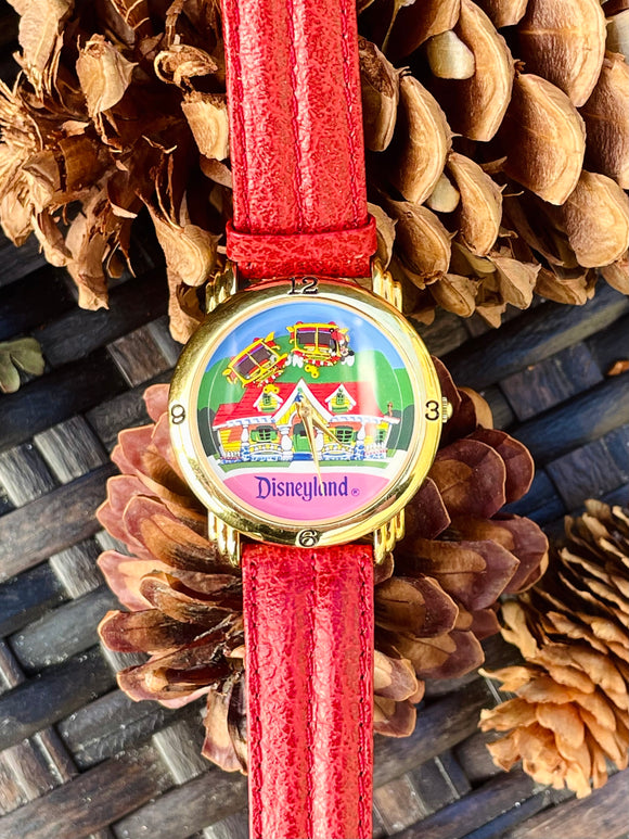 Disney All Aboard Mickey's Disneyland Toontown Colorful Red Leather Wrist Watch