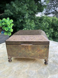Antique Brass Etched Trinket Box Wood Lined Footed Square Ornate Design Handmade