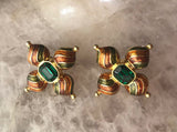 Vintage Green Rhinestone Gold Tone Enamel Pierced Earrings