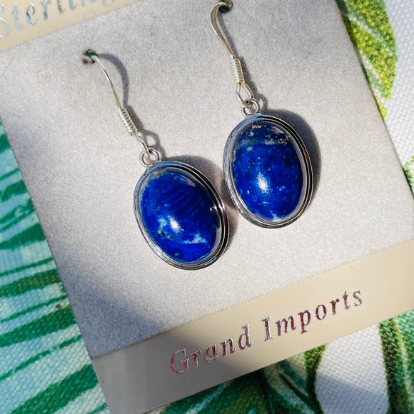 Sterling Silver 925 Blue Lapis Lazuli Oval Gem Stone Dangle Drop Earrings 6.8g