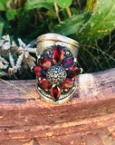 Sterling Silver Signed 925 Marcasite Red Garnet Stone Flower Ring 17g Size 5.5