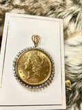 1891 S $20 Twenty Dollar Liberty Head Gold Coin Set in 14K 585 Diamond Pendant