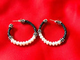 Sterling Silver Pearl + Black Leather Hoop Pierced Earrings