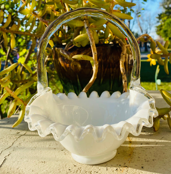 Vintage Clear White Milk Art Glass Ruffled Handled Wedding Basket