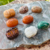 Vintage Egyptian Scarab Beetle Carved Hieroglyphics GemStone Loose Bead Set of 8