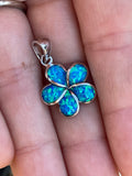 Flower Blue Fire Opal Inlay Signed K 925 Sterling Silver Pendant For Necklace