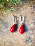Sterling Silver 925 Red Teardrop Dangle Pierced Earrings