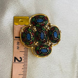 Designer Sarah Coventry Ornate Red Green Blue Black Gold Tone Fashion Brooch Pin