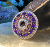 Vintage Signed Monet Purple + Pink Rhinestone Round Brooch Pin