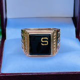 Vintage 14K Gold Plated Multi Gem Stone Black S Custom Mens Ring Size 9.75 w Box