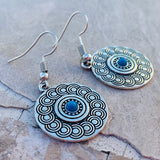 Silver Tone Turquoise Tone Stone Mandala Circle Dangle Pierced Fashion Earrings