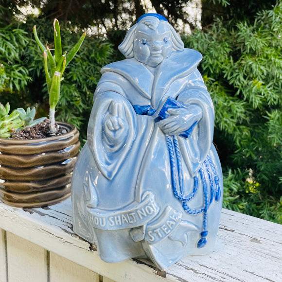 Signed Red Wing Pottery Monk Friar Tuck Usa Blue Thou Shall Not Steal Cookie Jar