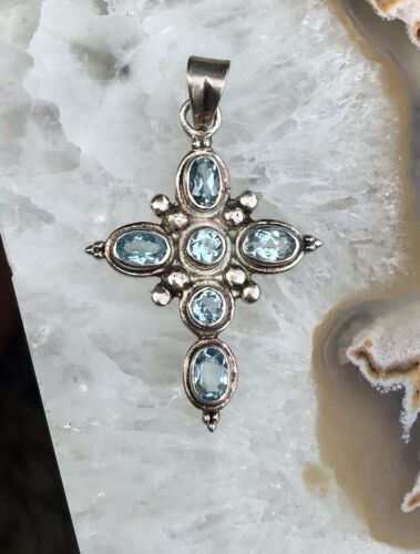 Sterling Silver 925 Aquamarine Cross Pendant