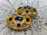 Signed “W” Gold Tone Purple Pink Rhinestone Clip On Fashion Statement Earrings
